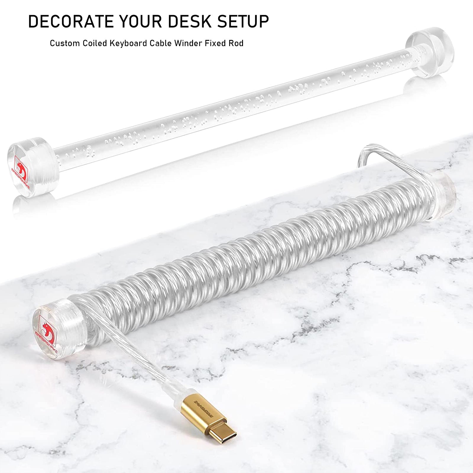 Custom clear acrylic winder for coiled keyboard cables with USB-C connector.