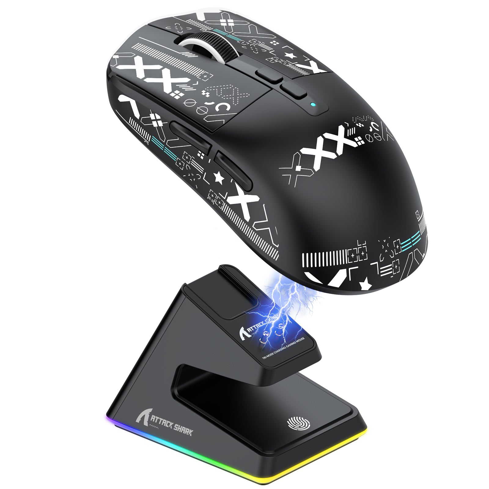 Attack Shark X6 ultra-light gaming mouse with RGB lighting on sleek charging dock.