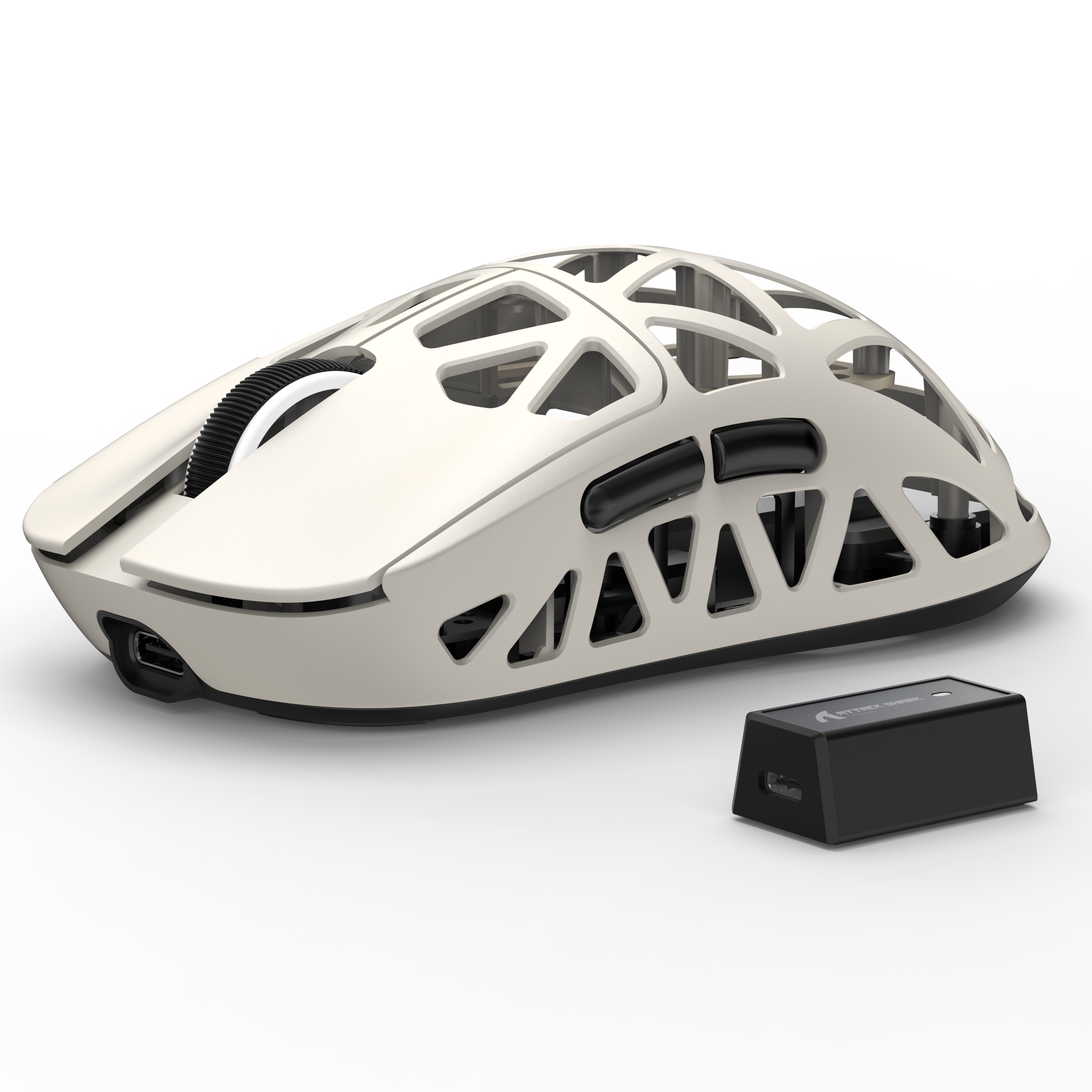 White ATTACK SHARK R2 gaming mouse with hollow design and USB-C charging dock.